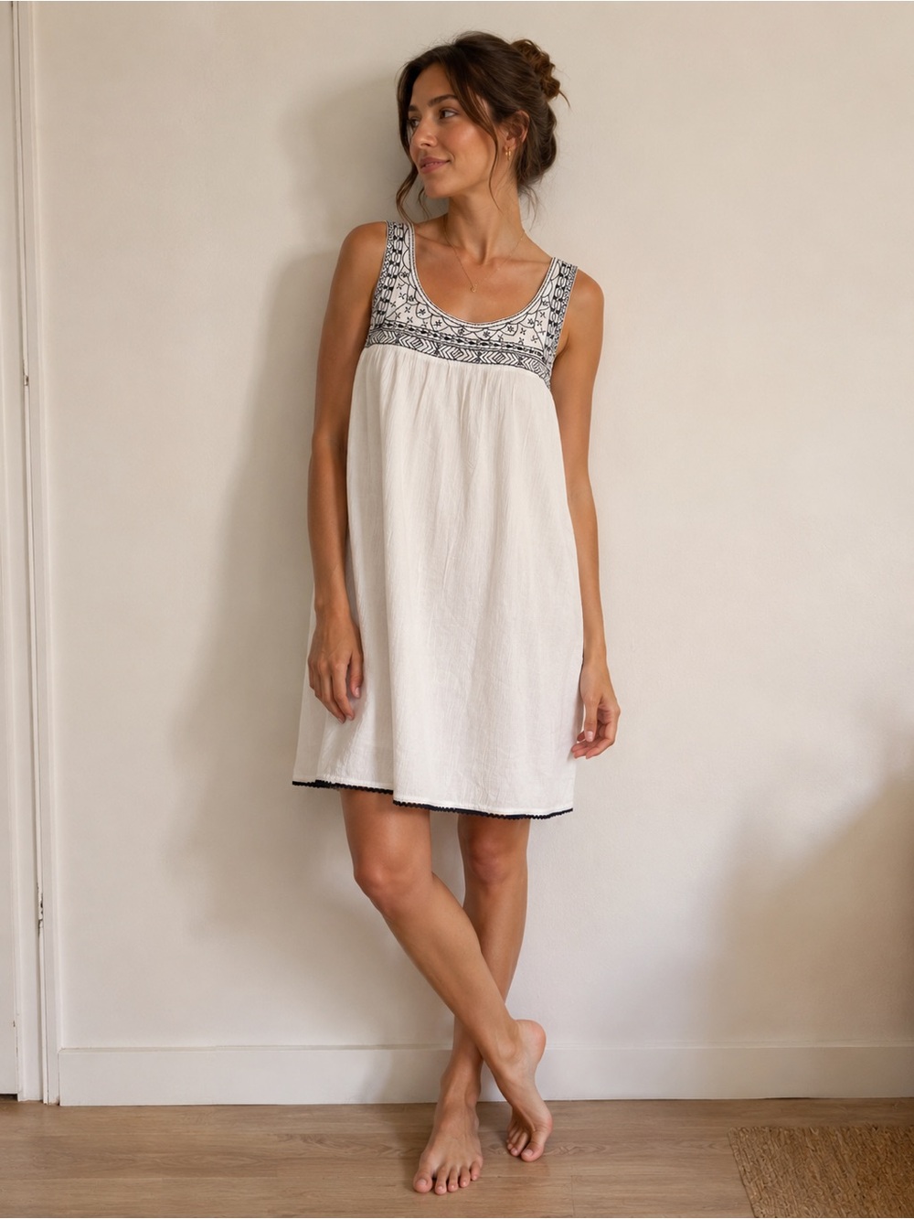 Solitaire White Dress with Black Embroidered Yoke